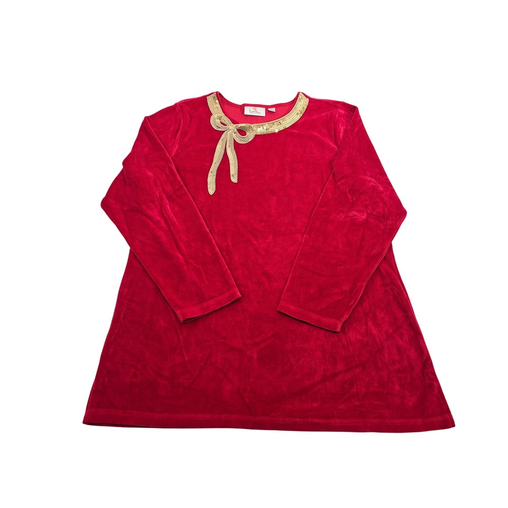 Velour Christmas Top Large Red Gold Sequin‎ Sparkle Shine Holiday Shirt A217254